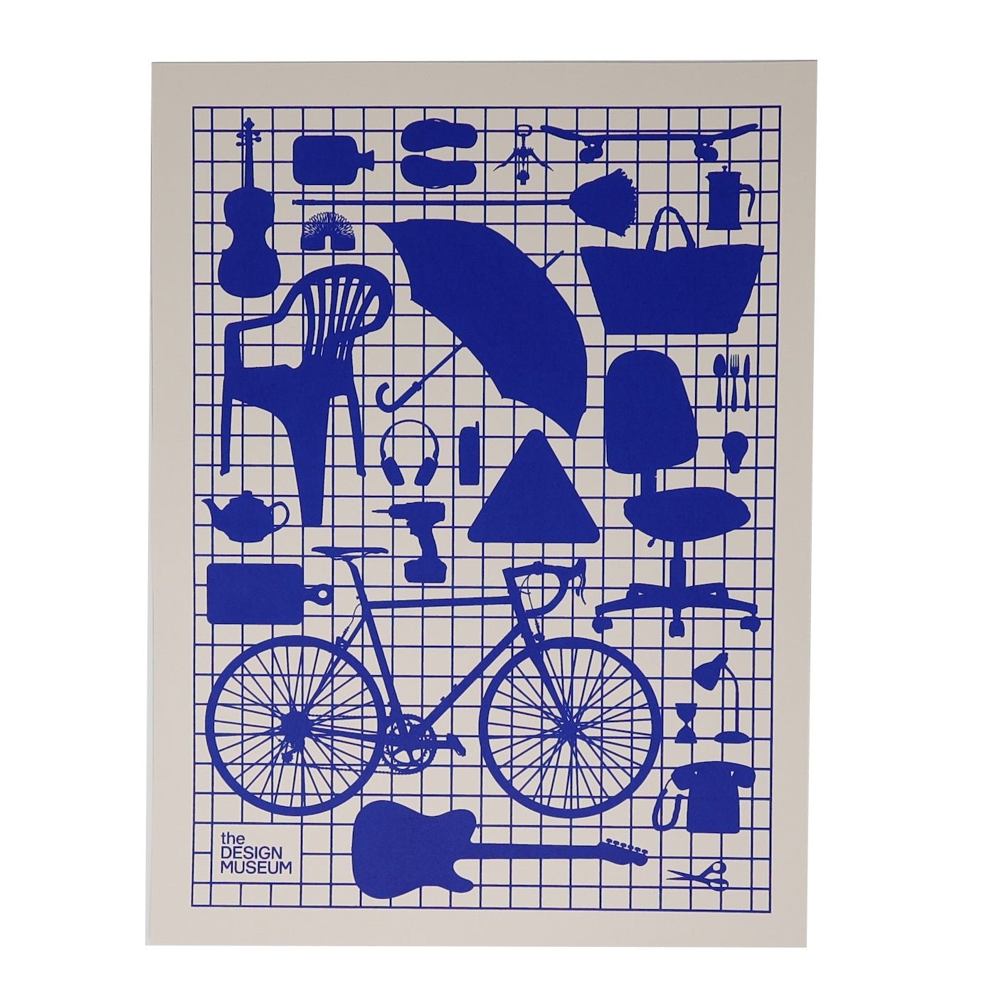 This is an image of a monochrome screen print design made in blue ink on off-white background paper for the design museum reproducing the crowdsourced wall. This print in particular features design classic items such as the Monobloc chair, a Stradivarius violin, havaianas flipflops, fender guitar, slink toy, wine bottle opener, Ikea bag, a 700 vintage push bike, teapot, Taylor scissors, electric drill, mobile phone, umbrella, cutlery, Anglepoise lamp, light bulb, swivel office chair, cradle phone & etc...