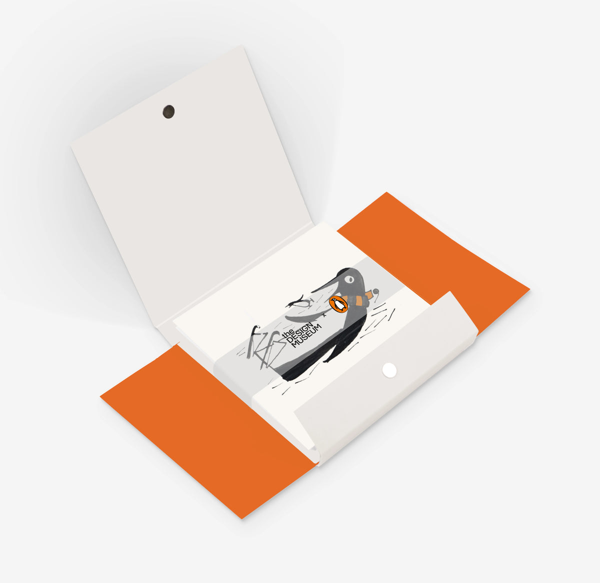 An open white set of greeting cards with  bright orange inner flaps, displaying a small illustrated cards featuring a penguin with orange details on a white background.