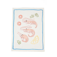 Tea towel with shrimp and lemon design on a white background