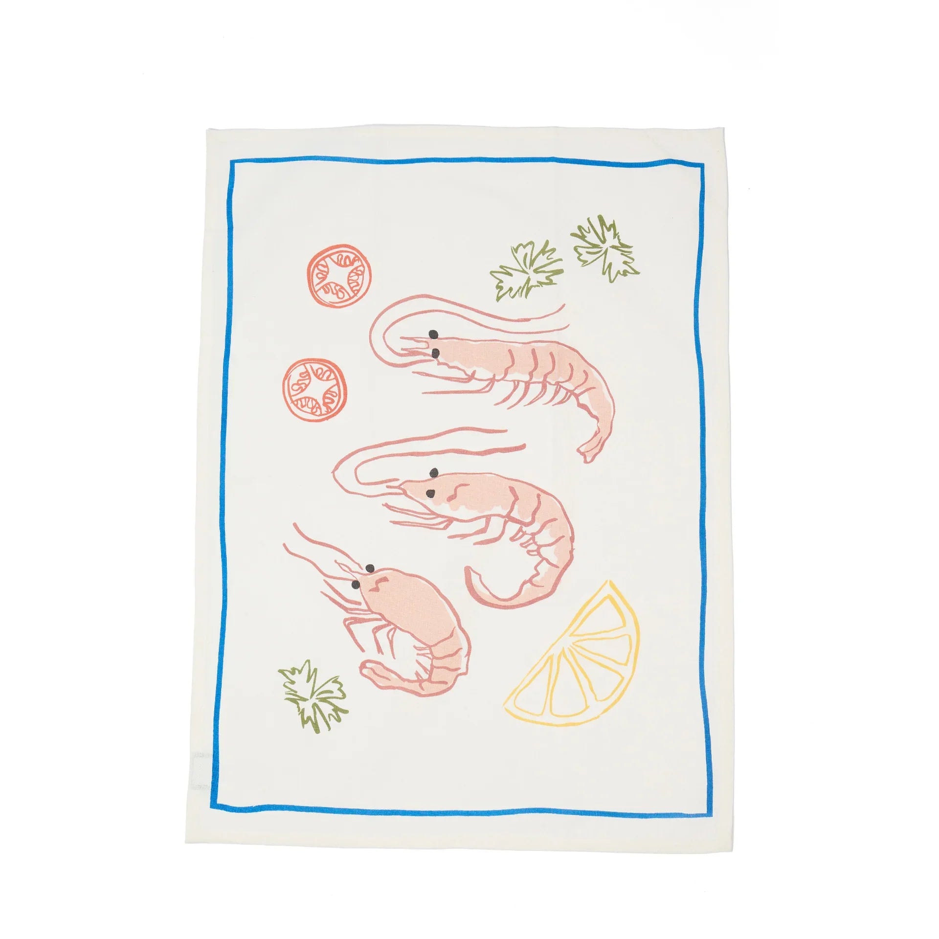 Tea towel with shrimp and lemon design on a white background