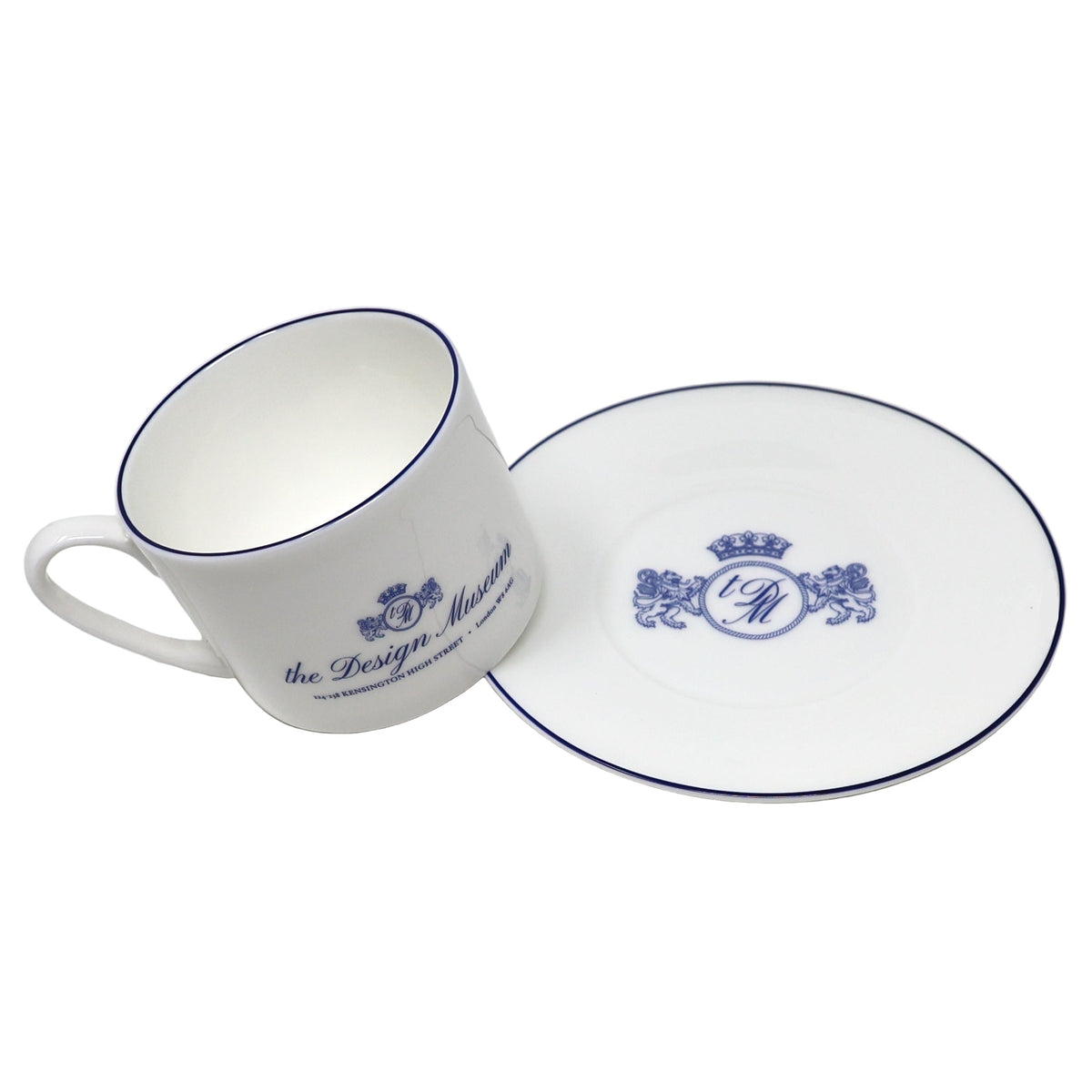 White mug and saucer set with blue design on a white background