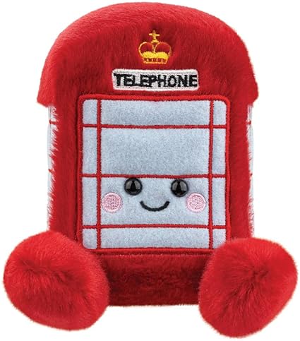 Plush toy resembling a red telephone box with a smiling face on a white background.