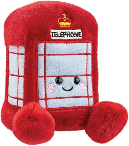 Plush toy resembling a red telephone box with a smiling face on a white background.