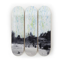 three skateboard decks on a white background