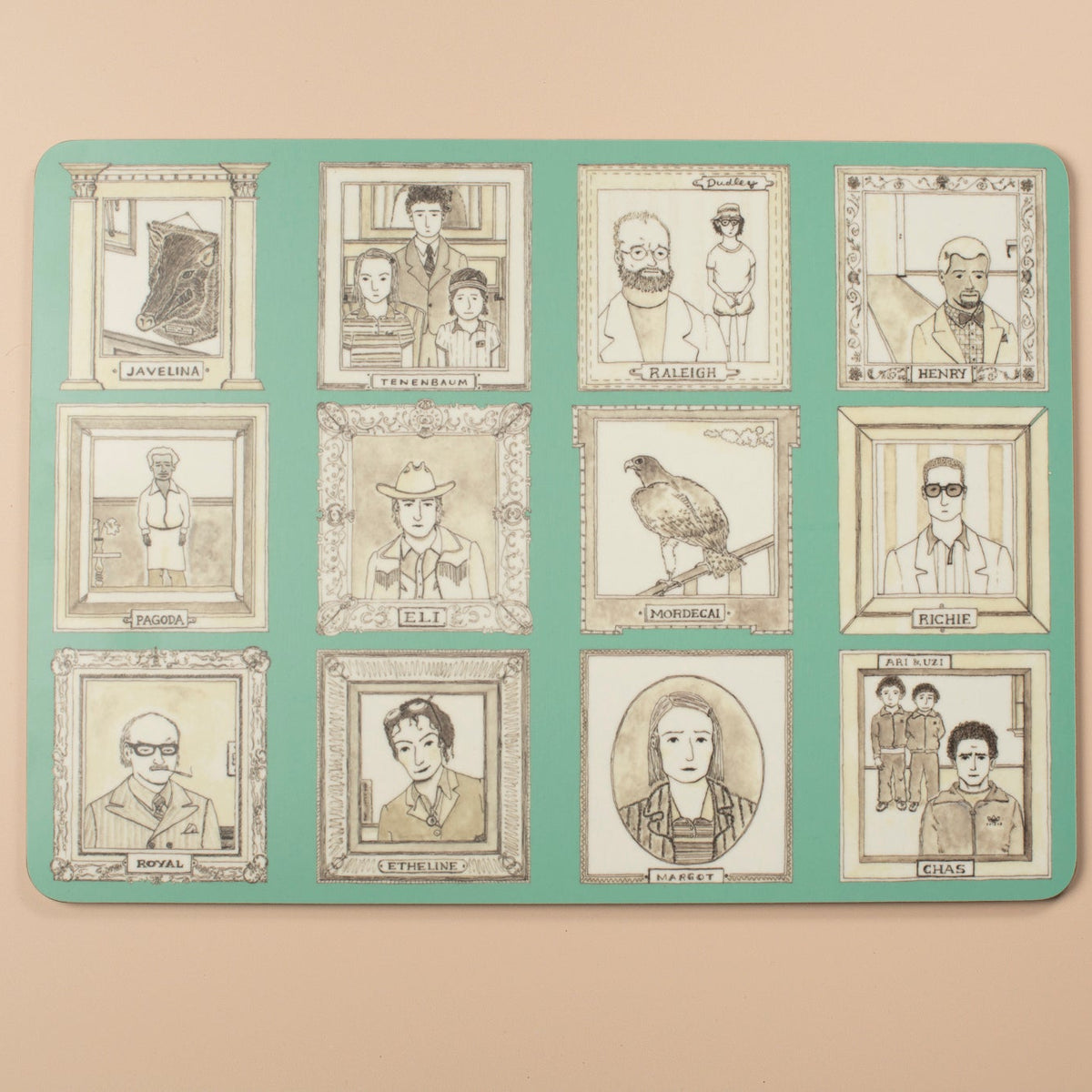 A blue placemat with black and white illustrations of people on a beige background