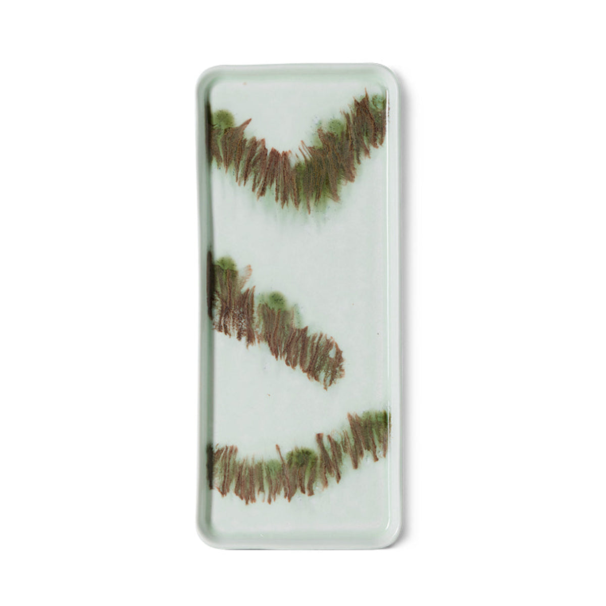 Light green rectangular ceramic tray with wavy brown pattern on a white background.