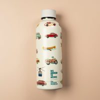 White bottle with vintage car illustrations on a beige background