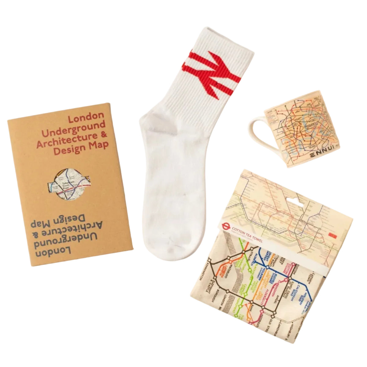 A collection of transport-themed items including rail logo socks, a tube map tea towel, a tube map and a map mug