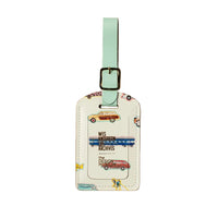 White luggage tag with vintage car illustrations and blue tag on a white background