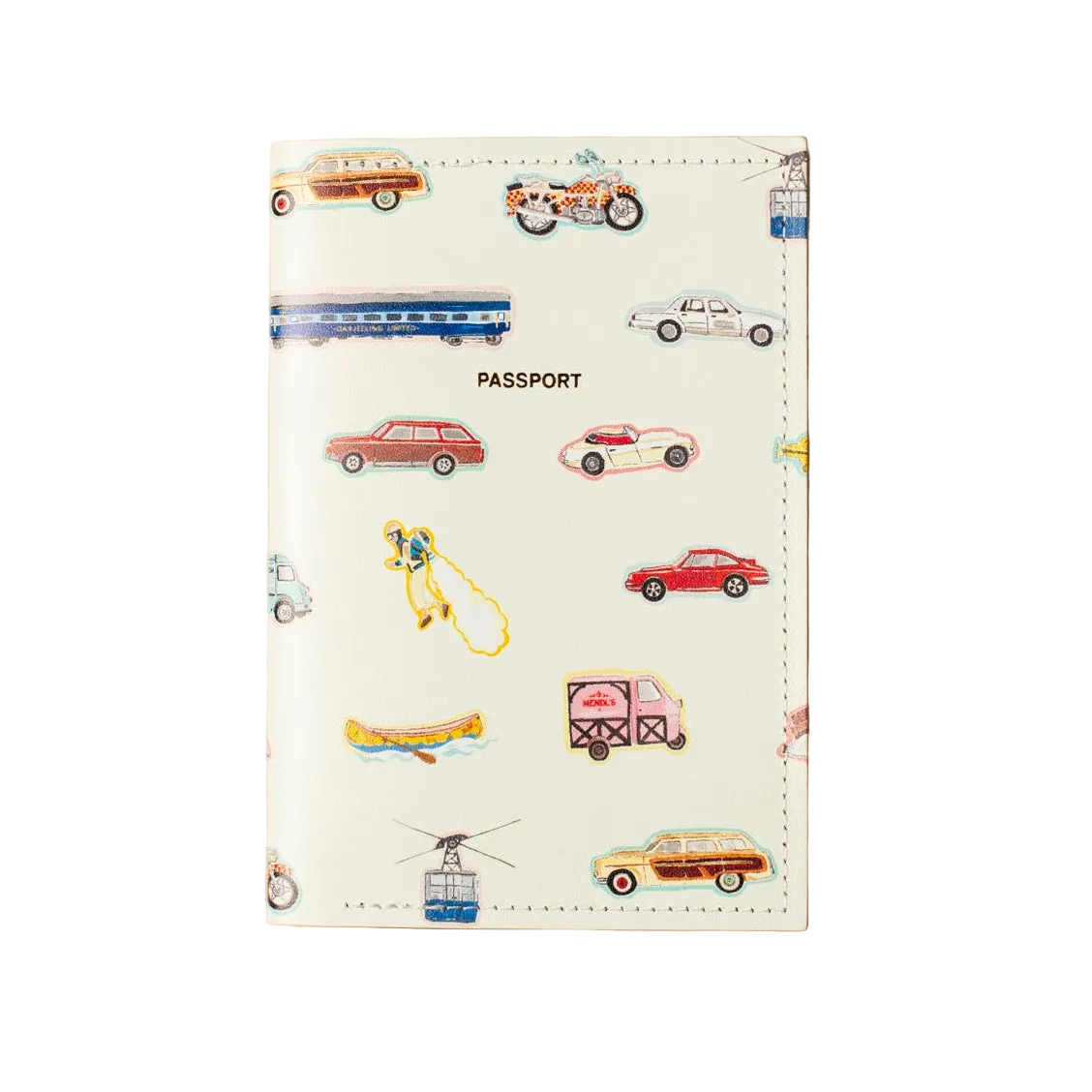 White passport holder with vehicle illustrations on a white background