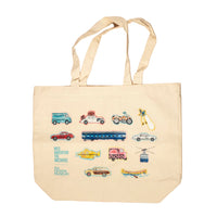 Beige tote bag with colorful vehicle illustrations on a white background