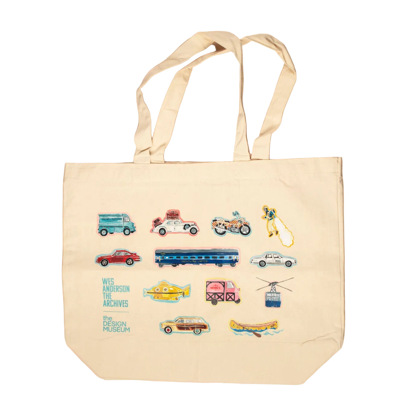 Beige tote bag with colorful vehicle illustrations on a white background