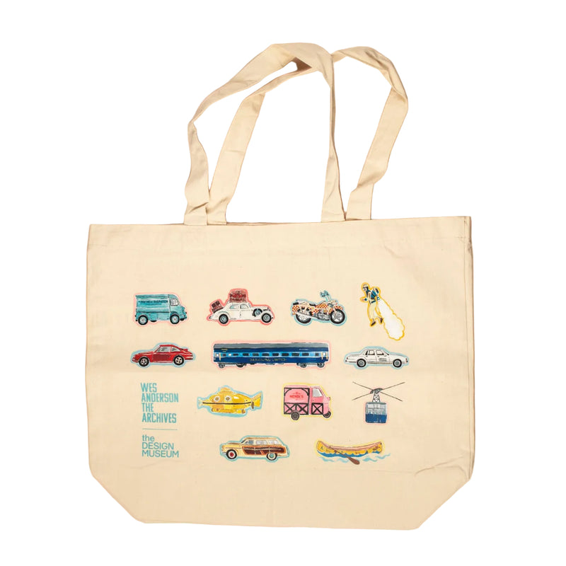 Beige tote bag with colorful vehicle illustrations on a white background