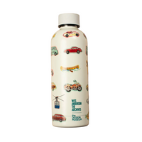White water bottle with vintage car designs on a white background.