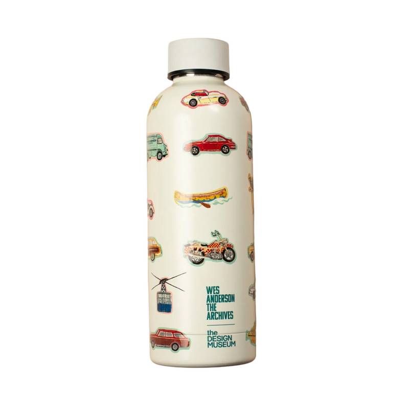 White water bottle with vintage car designs on a white background.