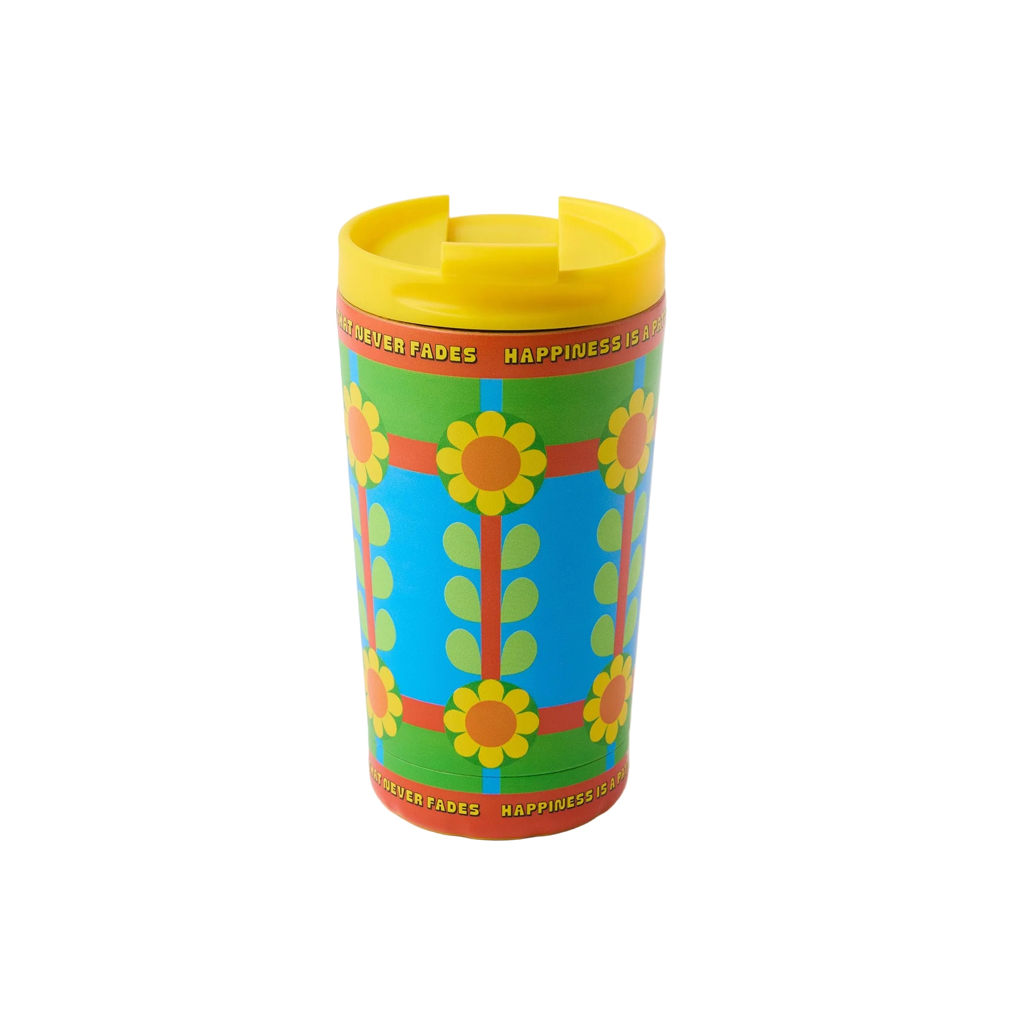 A retro-style travel tumbler with a bright yellow lid, featuring a colorful 1960s/70s floral pattern on a light gray background.