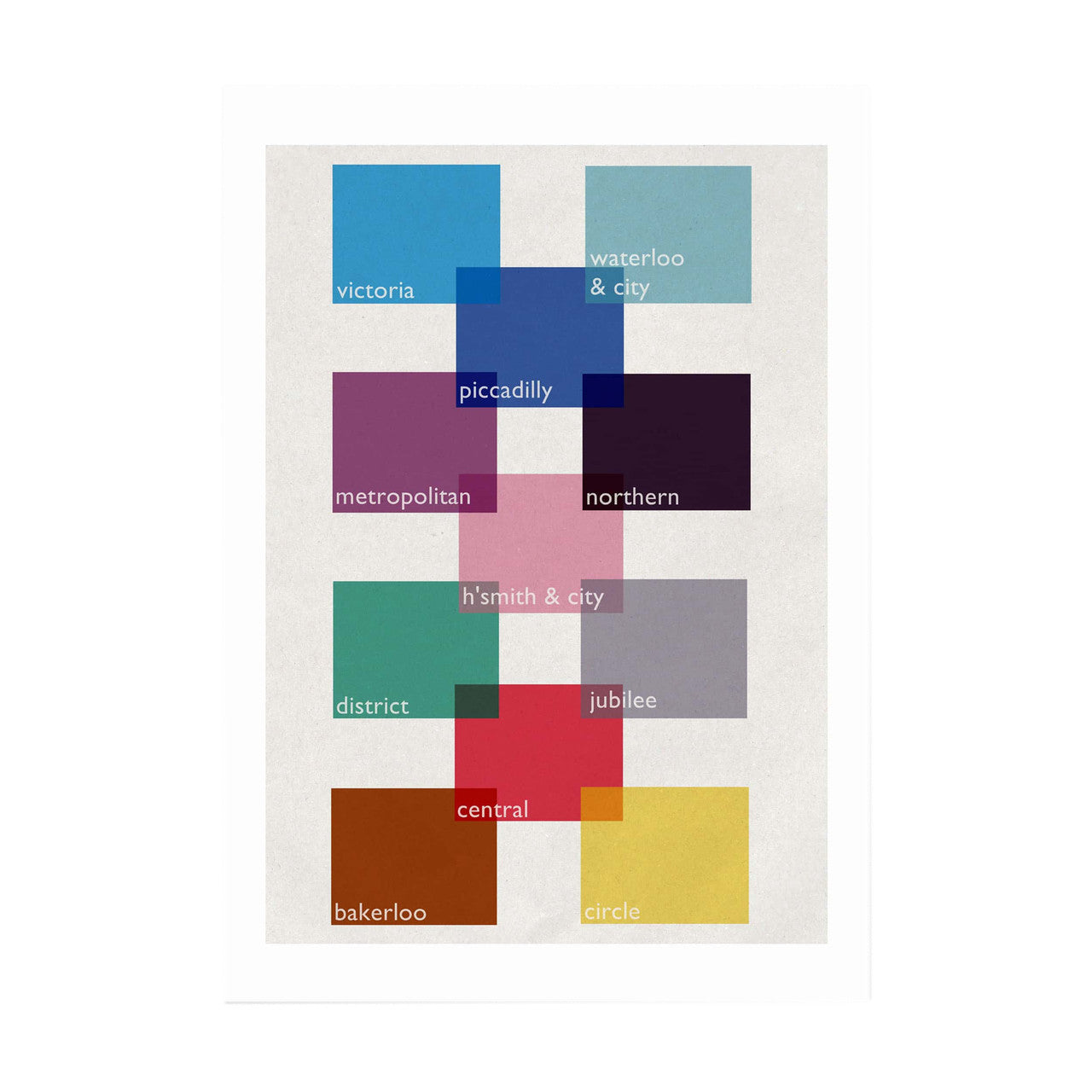 A colourful block print poster representing the tube grid of London Underground, with station names and colour blocks, on a white background.