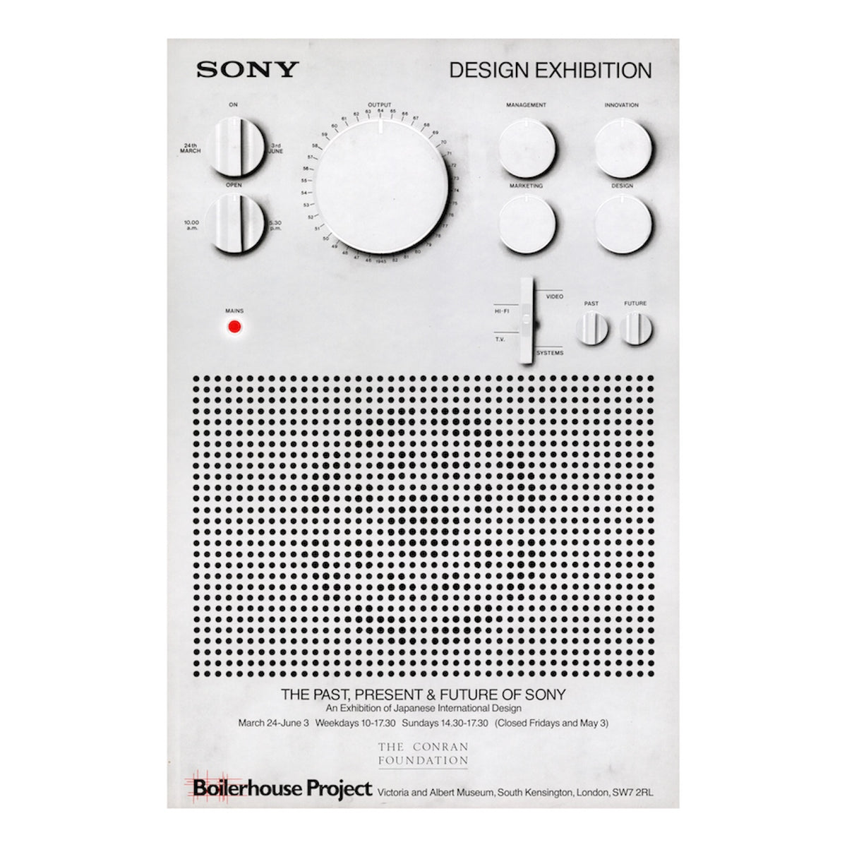 Sony design exhibition poster with minimalistic design of a white speaker.