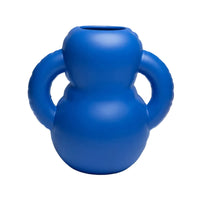 Blue inflatable ceramic vase with handles on a white background