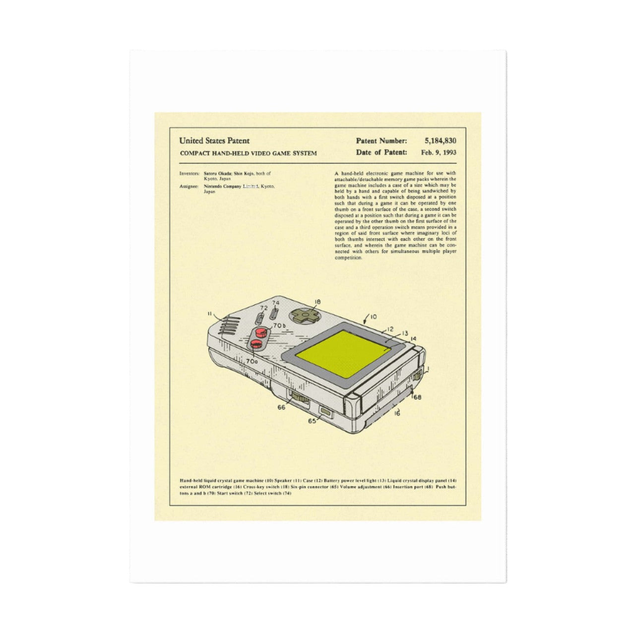 A printed patent document showcasing a illustration of a classic United States Nintendo Gameboy, placed on a white background.