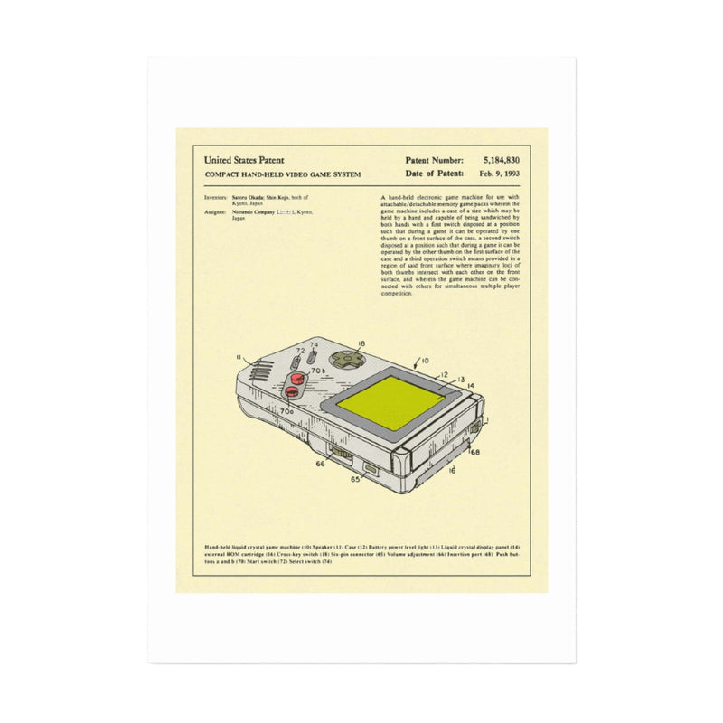 A printed patent document showcasing a illustration of a classic United States Nintendo Gameboy, placed on a white background.
