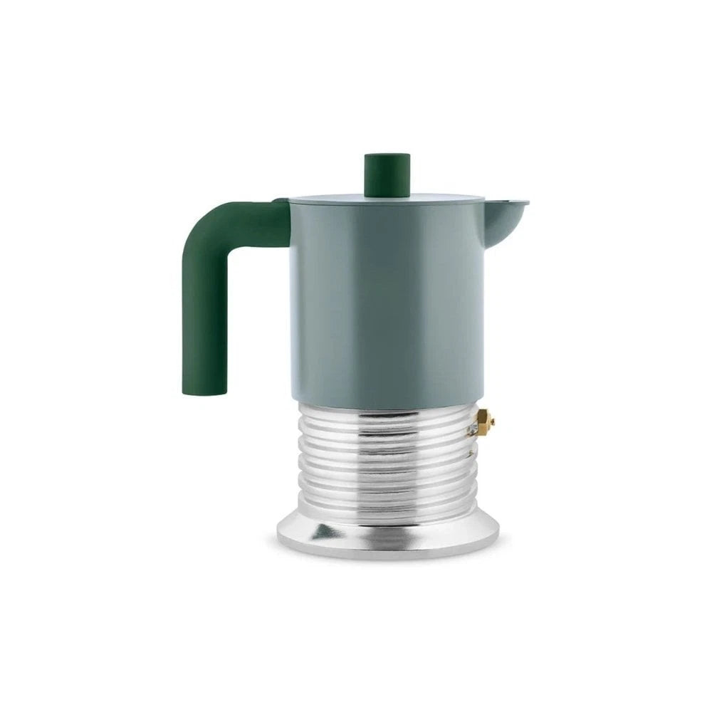 Green and silver coffee pot on a white background.
