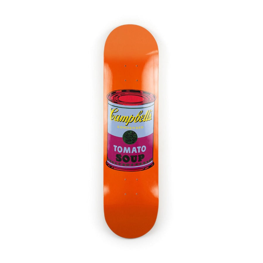 Orange skateboard with a can of soup drawn on it