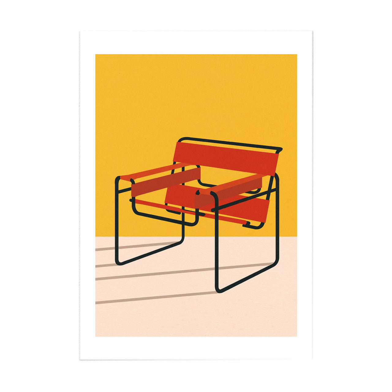 A digital print of a red Wassily Chair by Marcel Breuer, with a yellow background in a minimalistic style.