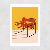 A digital print of a red Wassily Chair by Marcel Breuer, with a yellow background in a minimalistic style.