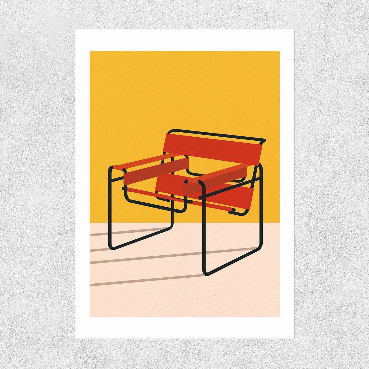 A digital print of a red Wassily Chair by Marcel Breuer, with a yellow background in a minimalistic style.