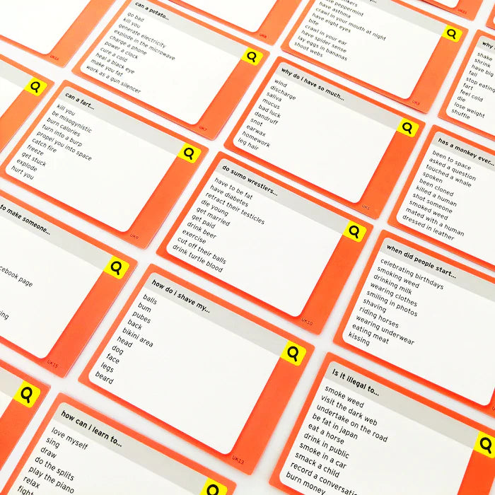 Numerous orange game cards laid out in rows featuring a search bar and different search suggestions.