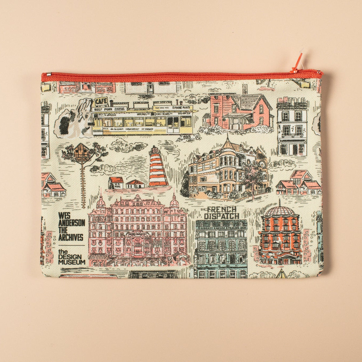 Pouch with architectural illustrations and an orange zip on a beige background
