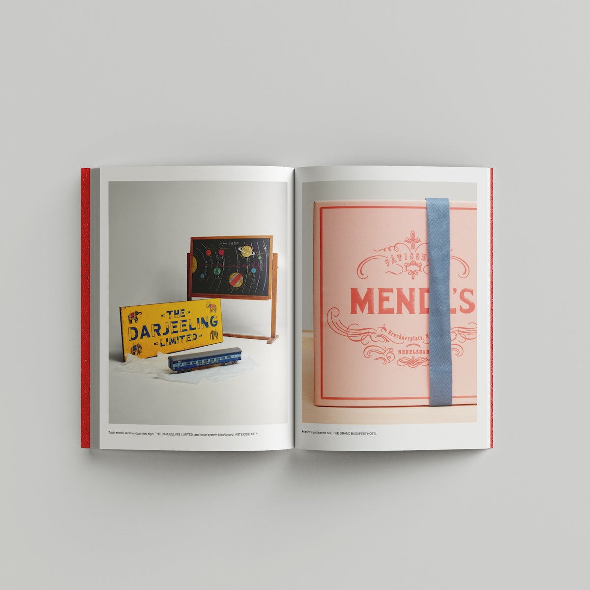 Open page of Wes Anderson catalogue displaying an image of a pink tea box on a gray background