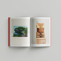Open page of Wes Anderson catalogue displaying images of a landscape and stacked bags on a gray background