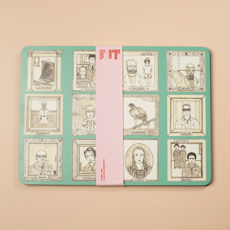 A blue placemat with black and white illustrations of people on a beige background
