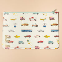 White leather pouch with vintage vehicle illustrtaions on a beige background
