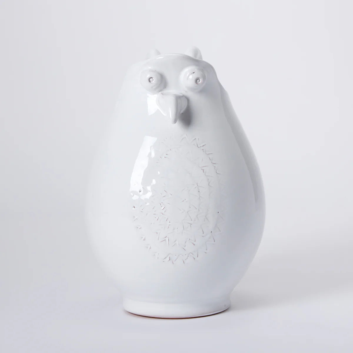 Conran Shop white owl or chicken lookalike bird Puglia jug, front side picture where you see chest detail on white background