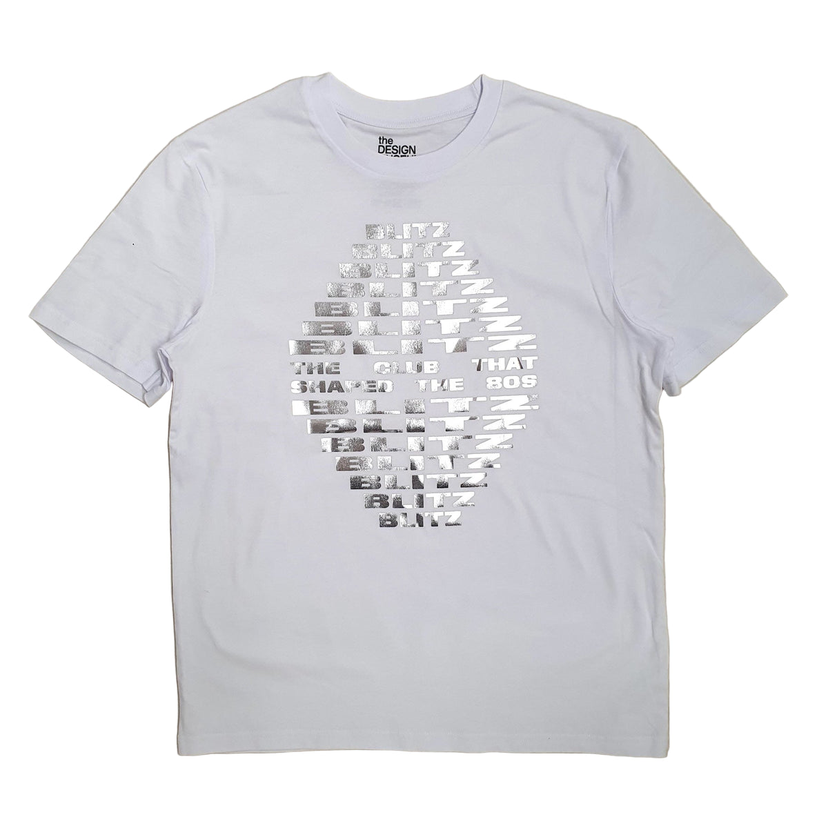 White t-shirt with black text design on a white background