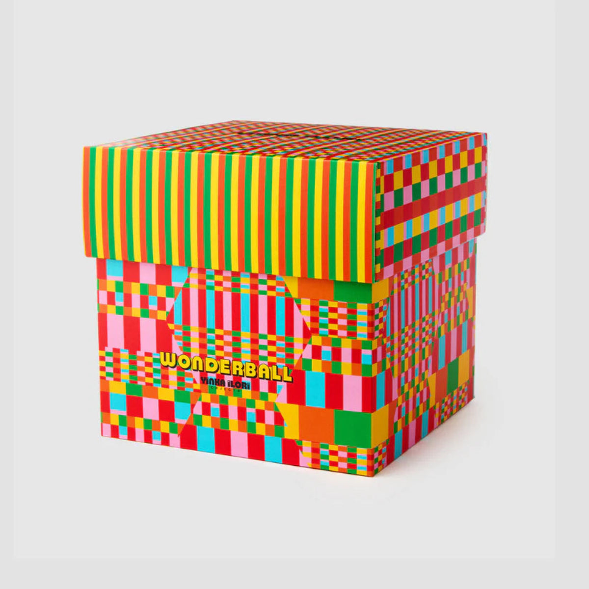 Colourful patterned box with 'Wonderball' branding on a light gray background