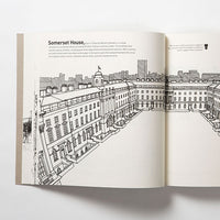 White interior page with black illustration of Somerset House on a white background