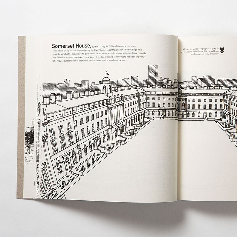 White interior page with black illustration of Somerset House on a white background