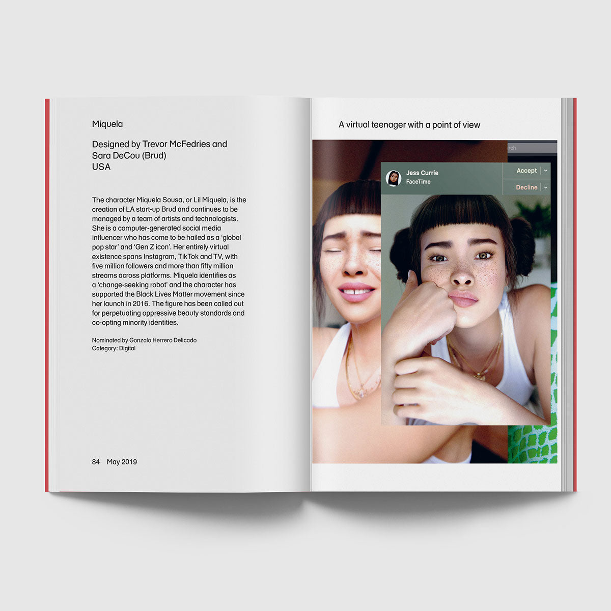 Open page featuring a virtual teenager named 'Miquela' with black text