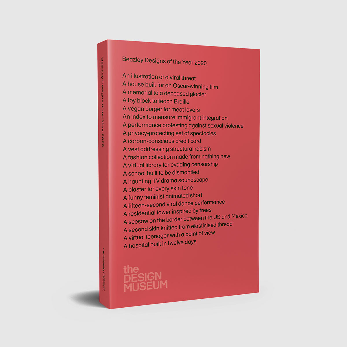 Red front cover of 'Beazley Designs of the Year 2020 Catalogue' with black text on a white background