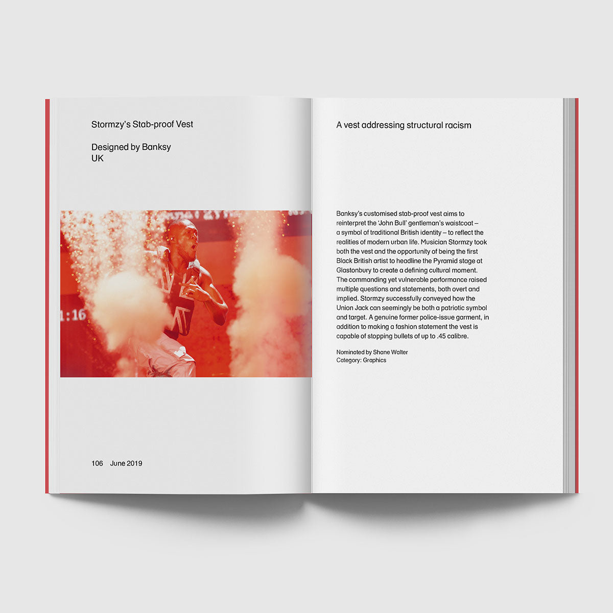 Open pages featuring Stormzy running wearing a stab-proof vest with black text