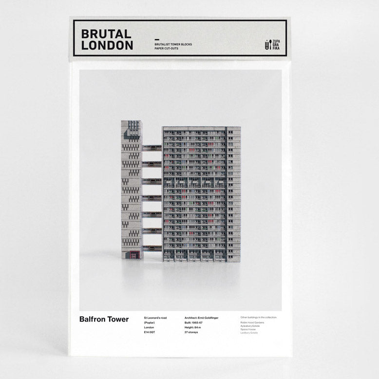 Front cover of Brutal London: Balfron Tower model with brutalist building against a light gray background. 