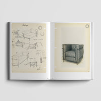Inside page of Charlotte Perriand catalogue featuring chair sketches.