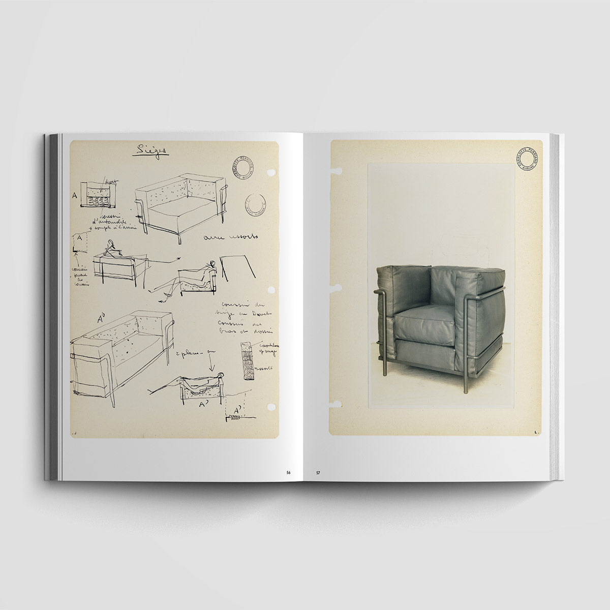Inside page of Charlotte Perriand catalogue featuring chair sketches.
