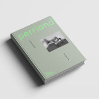 Front cover of Charlotte Perriand catalogue at an angle against a light gray background.