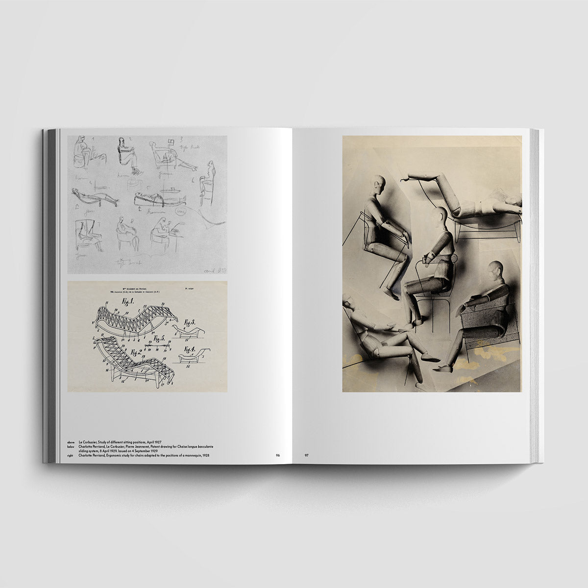 Inside page of Charlotte Perriand catalogue featuring study sketches of different sitting positions with mannequins.