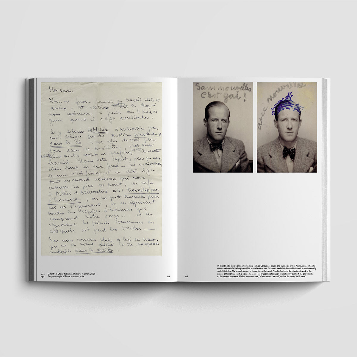 Inside page of Charlotte Perriand catalogue featuring photographs of a person and a letter.